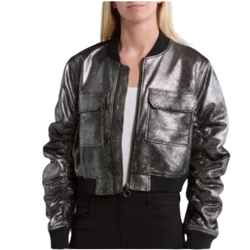 Robert Rodriguez Womens Metallic‎ Silver Cropped Bomber Jacket M Ruched Sleeve